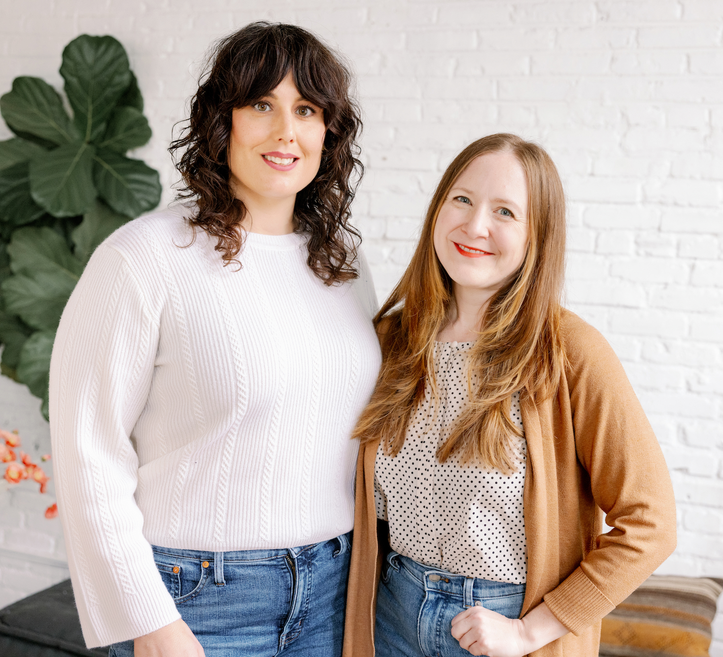 Headshot of Sara Wachter-Boettcher, a tall dark-haired woman in a white sweater, and Jen Dionisio, a shorter blond woman in a tan cardigan and dotted blouse.